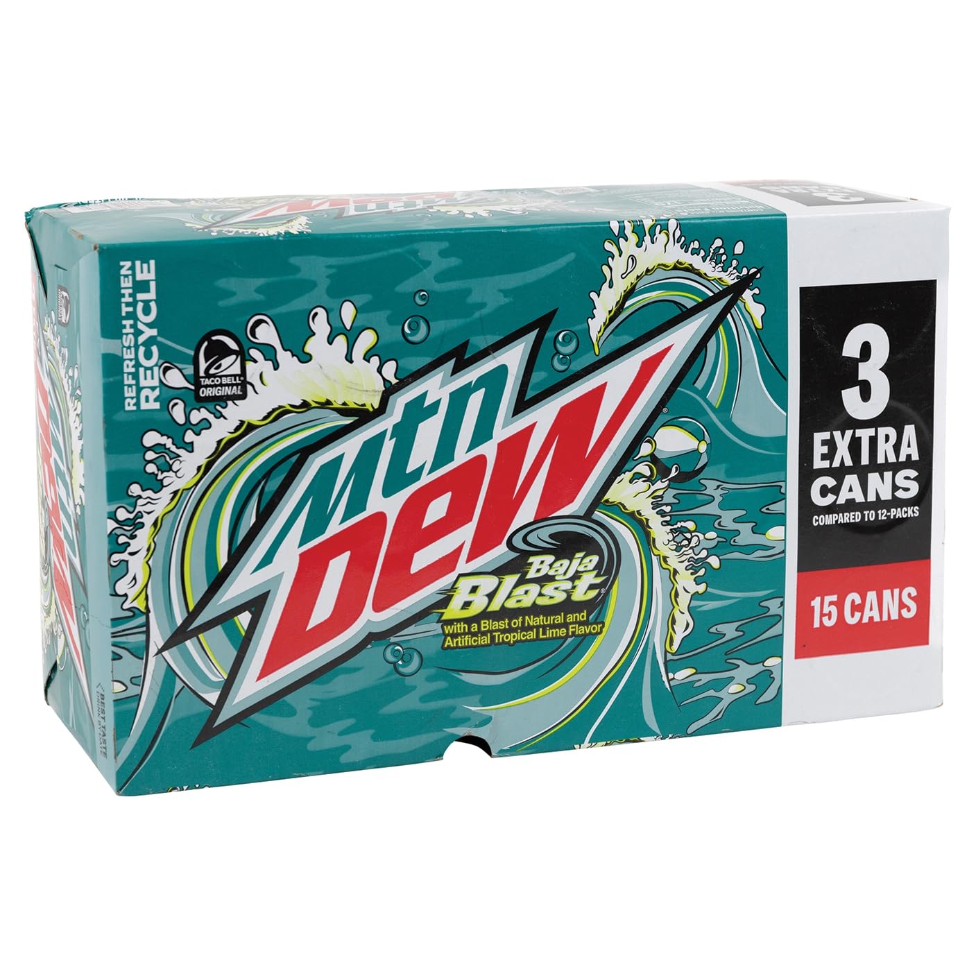 Mountain Dew, Baja Blast with a Blast of Natural and Artificial Tropical Lime Flavor, 12 Fl Oz, 15 Count