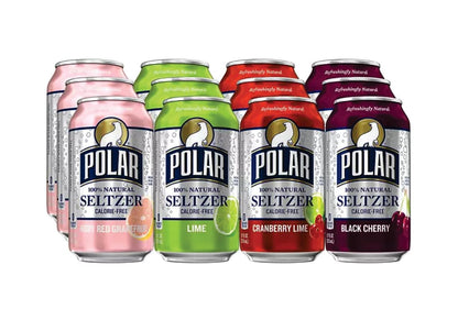 Polar Seltzer Water - 20 Assorted Cans Polar Seltzer Water Beverage. 4 Polar Seltzer Water Lemon, 4 Polar Seltzer Water Black Cherry, 4 Polar Seltzer Grapefruit, 4 Polar Cranberry Lime • 4 Polar Lime
