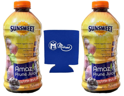 (Pack of 2) Sunsweet Amazin Prune Juice with Pulp 48 Fl Oz (Miras Trademark Foam Can Cooler Included!)