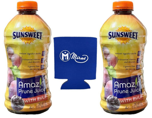 (Pack of 2) Sunsweet Amazin Prune Juice with Pulp 48 Fl Oz (Miras Trademark Foam Can Cooler Included!)