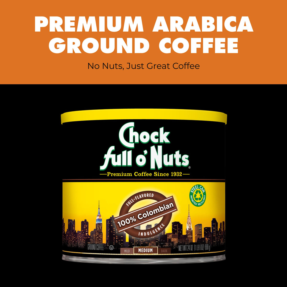 Chock Full o' Nuts Ground Coffee - Heavenly Original Half Caffeine, 24 oz