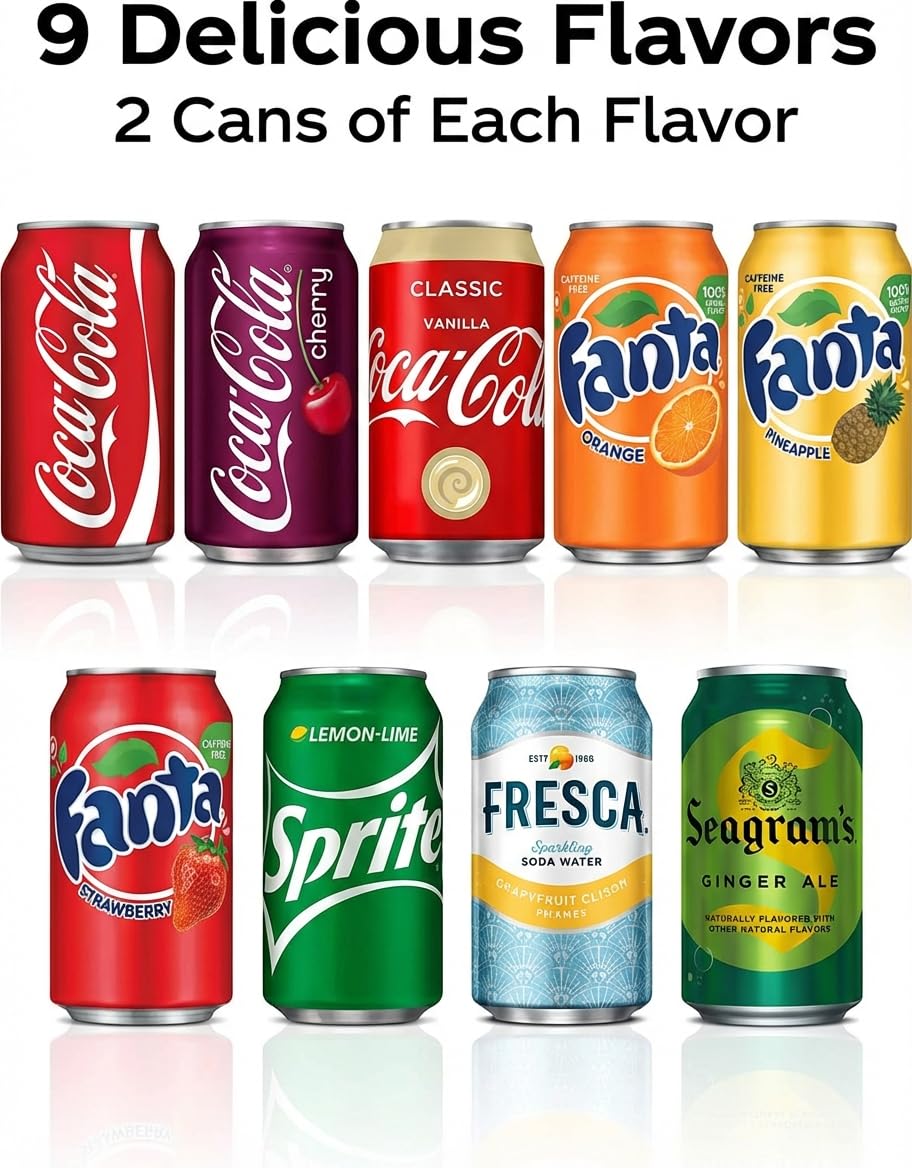 Soda Variety Pack 18PK – 9 Flavor Assortment of Coca-Cola, Sprite, Fanta & Seagram’s Ginger Ale – 12 oz Cans Mixed Soft Drinks for Parties, Office, Home & Events