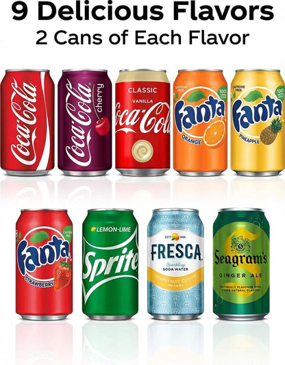 Soda Variety Pack 18PK – 9 Flavor Assortment of Coca-Cola, Sprite, Fanta & Seagram’s Ginger Ale – 12 oz Cans Mixed Soft Drinks for Parties, Office, Home & Events