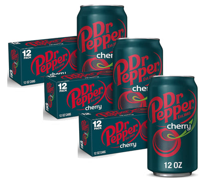 Dr. Pepper Cherry Flavored Soda Beverage Soft Drink - 3 Cases (36 Cans)