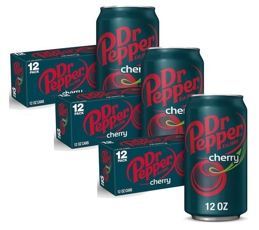 Dr. Pepper Cherry Flavored Soda Beverage Soft Drink - 3 Cases (36 Cans)