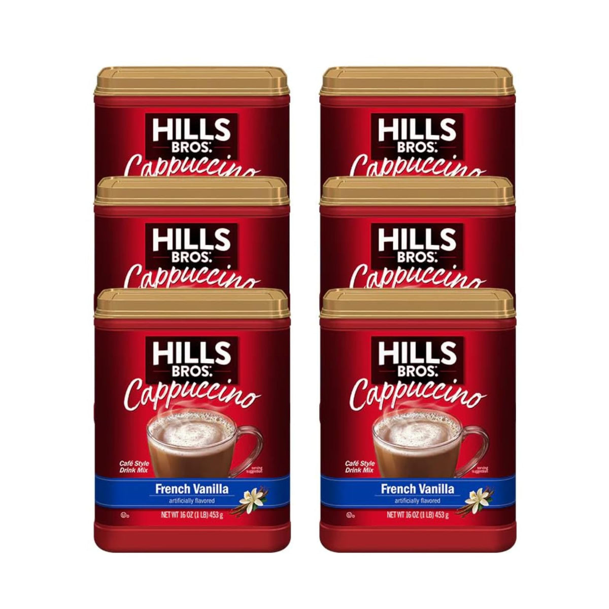 Hills Bros. Instant Cappuccino Mix, French Vanilla - Easy to Use, Enjoy Coffeehouse Flavor from Home – Decadent Cappuccino with a Hint of Sweetness and Vanilla in Light Coffee, 16 Ounce (Pack of 6)