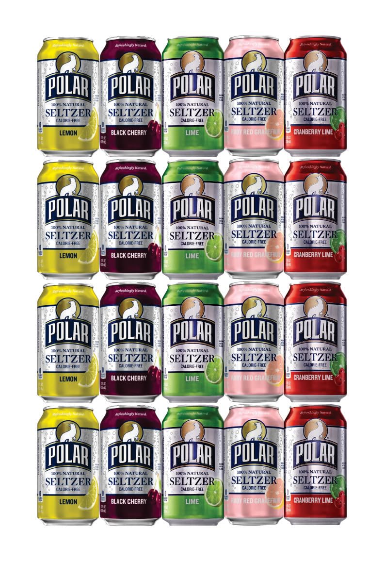 Polar Seltzer Water - 20 Assorted Cans Polar Seltzer Water Beverage. 4 Polar Seltzer Water Lemon, 4 Polar Seltzer Water Black Cherry, 4 Polar Seltzer Grapefruit, 4 Polar Cranberry Lime • 4 Polar Lime