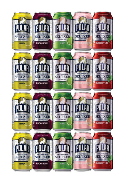 Polar Seltzer Water - 20 Assorted Cans Polar Seltzer Water Beverage. 4 Polar Seltzer Water Lemon, 4 Polar Seltzer Water Black Cherry, 4 Polar Seltzer Grapefruit, 4 Polar Cranberry Lime • 4 Polar Lime