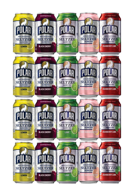 Polar Seltzer Water - 20 Assorted Cans Polar Seltzer Water Beverage. 4 Polar Seltzer Water Lemon, 4 Polar Seltzer Water Black Cherry, 4 Polar Seltzer Grapefruit, 4 Polar Cranberry Lime • 4 Polar Lime