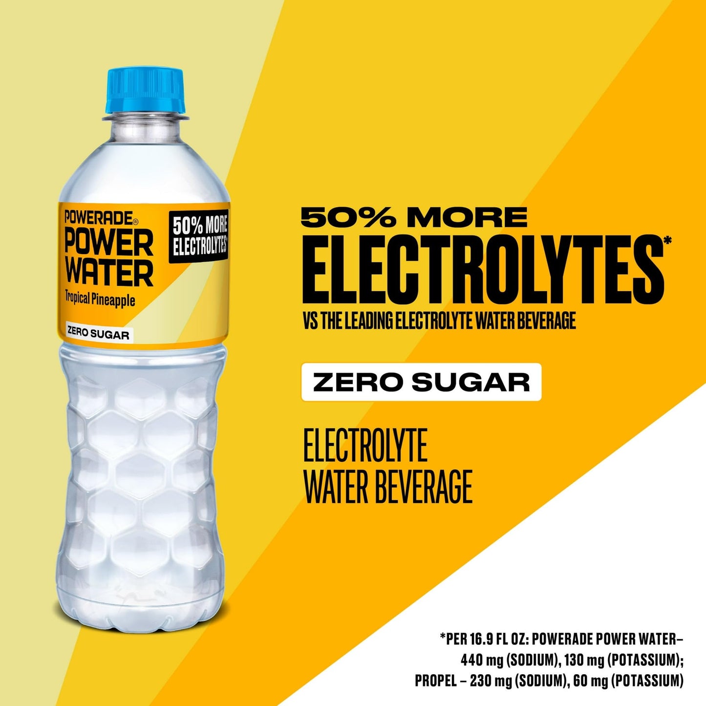Powerade Power Water Zero Sugar Tropical Pineapple, 16.9 oz Bottles, 24 pack