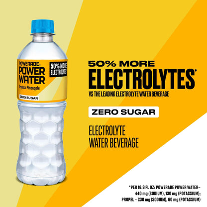 Powerade Power Water Zero Sugar Tropical Pineapple, 16.9 oz Bottles, 24 pack