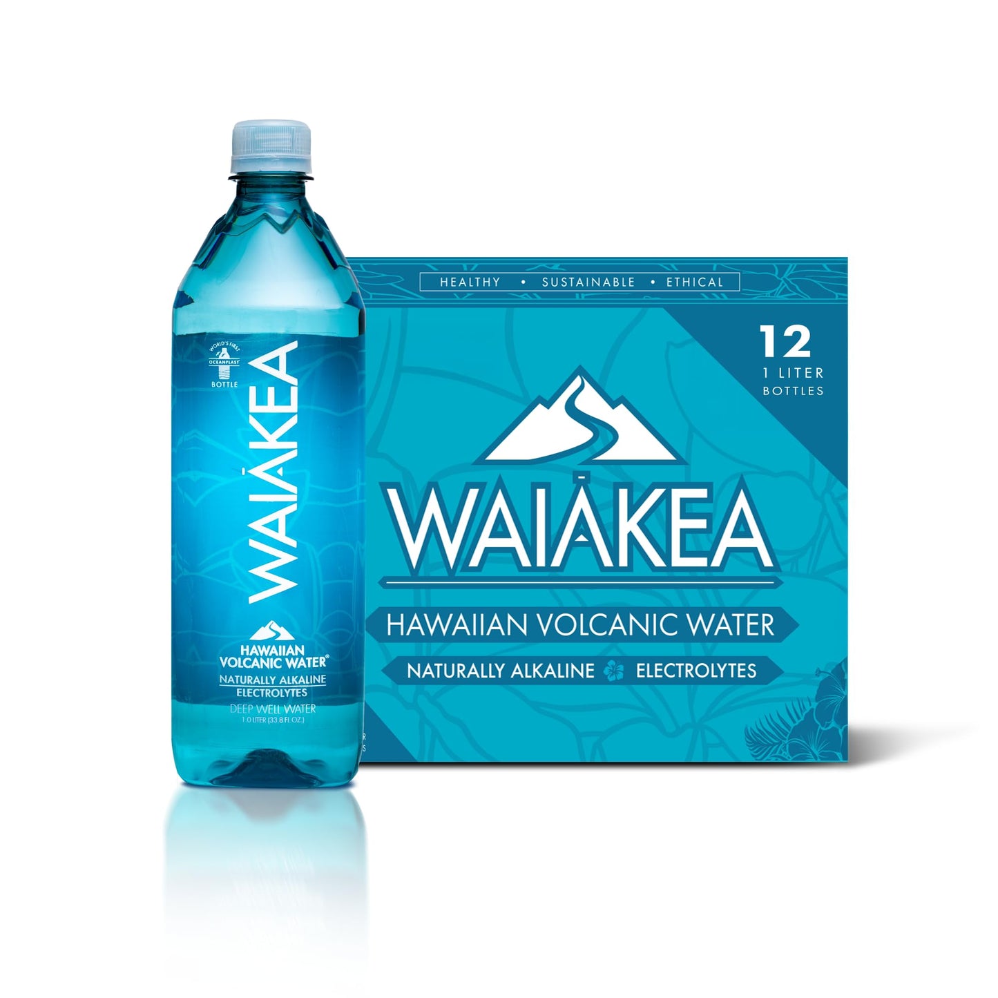 Waiakea Hawaiian Volcanic Water, Naturally Alkaline, 100% Recycled Bottle, 1L (Pack of 12), 33.8 Fl Oz (Pack of 12)