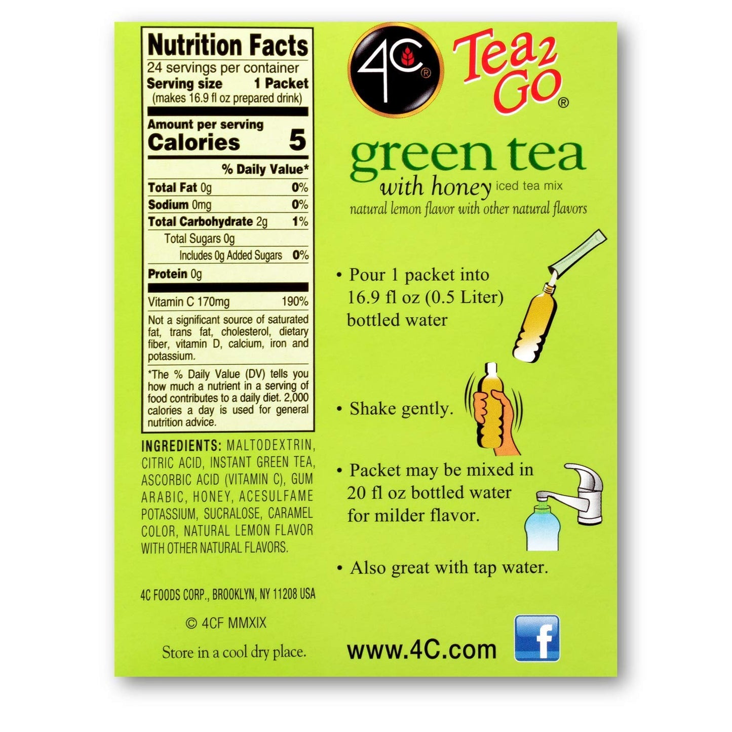 4C Powder Drink Mix Packets, Green Tea, 24 Count, Singles Stix On the Go, Refreshing Sugar Free Water Flavorings (Green Tea, 24 Count (Pack of 6))