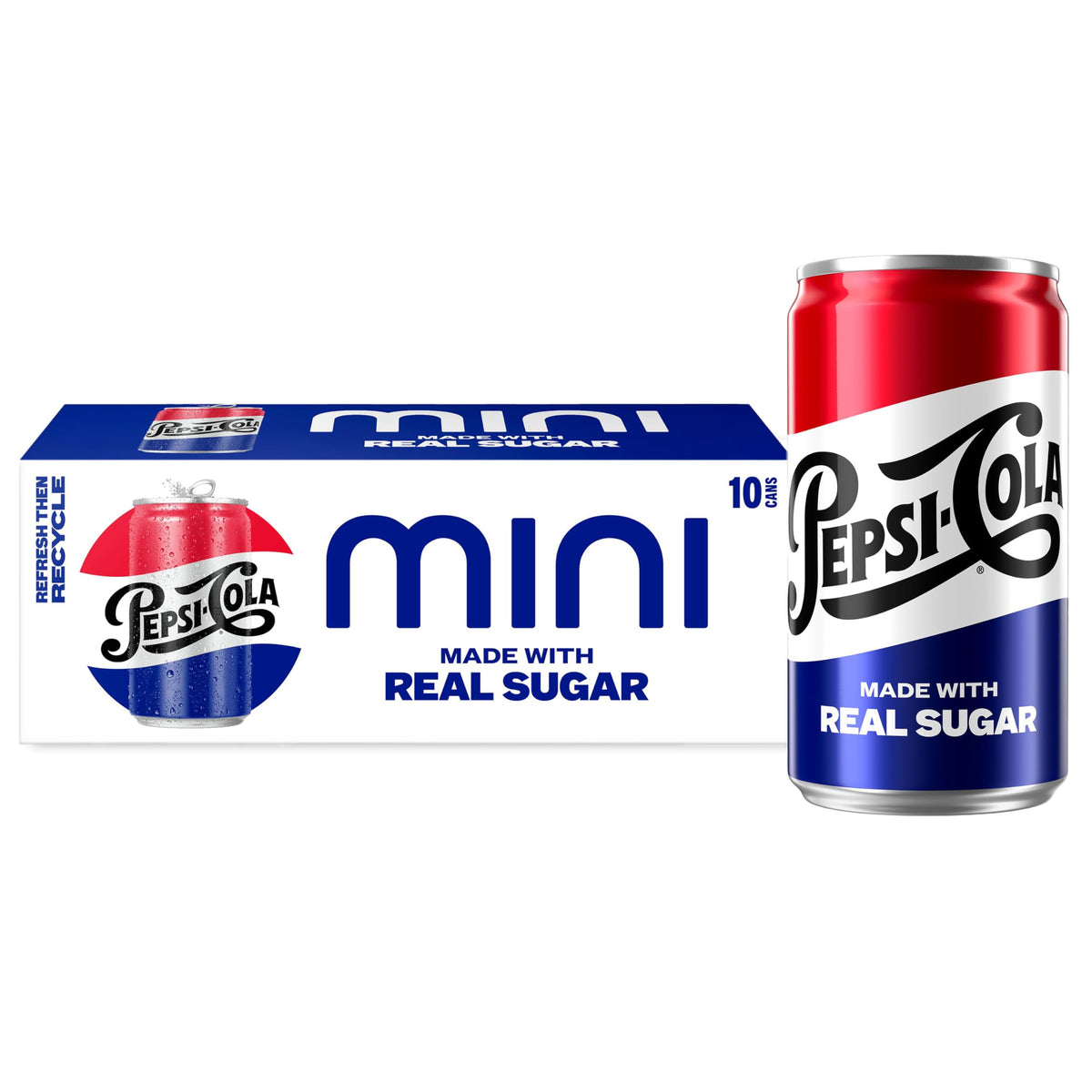 Pepsi Real Sugar Soda Mini Cans, 7.5oz Mini Cans, (10 Pack) (Packaging May Vary)