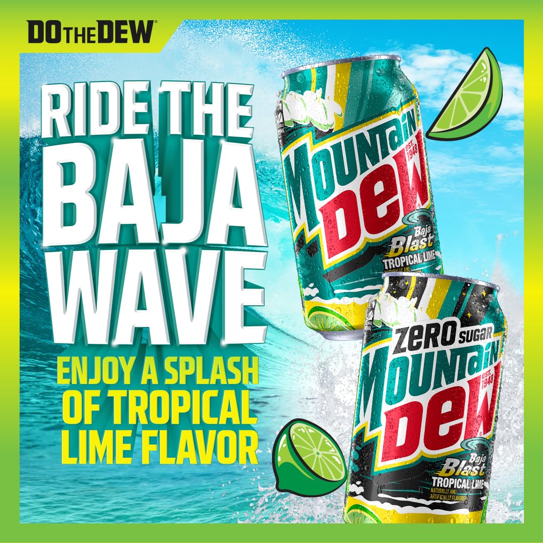 Mountain Dew Soda, 2 Flavor Baja Blast Variety Pack (Baja Blast, Original Dew), 12 Fl Oz Cans (Pack of 18)