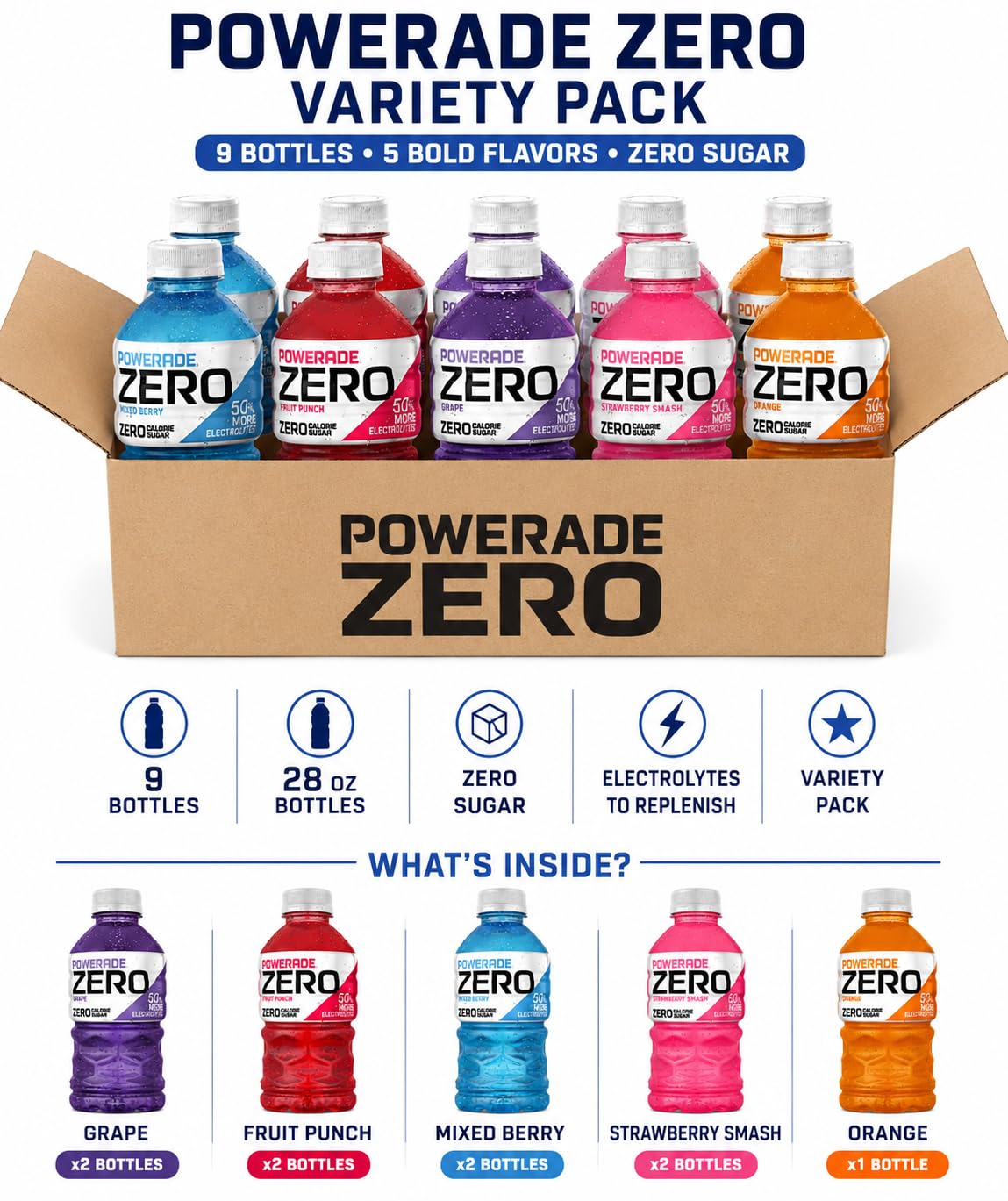 Powerade Zero Variety Pack (9 Bottles, 28 oz Each) – Zero Sugar Electrolyte Sports Drink Bundle with Grape, Fruit Punch, Mixed Berry, Strawberry Smash & Orange