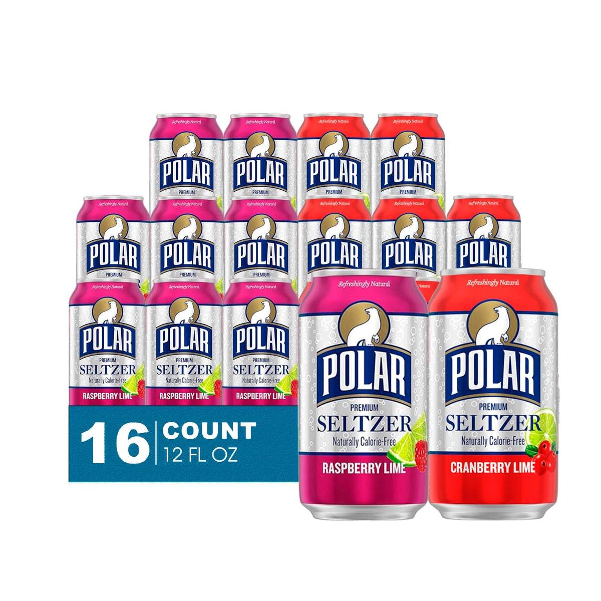 Polar Seltzer Combo Pack of 8 Raspberry + 8 Cranberry Premium Sparkling Water 12 fl oz Can