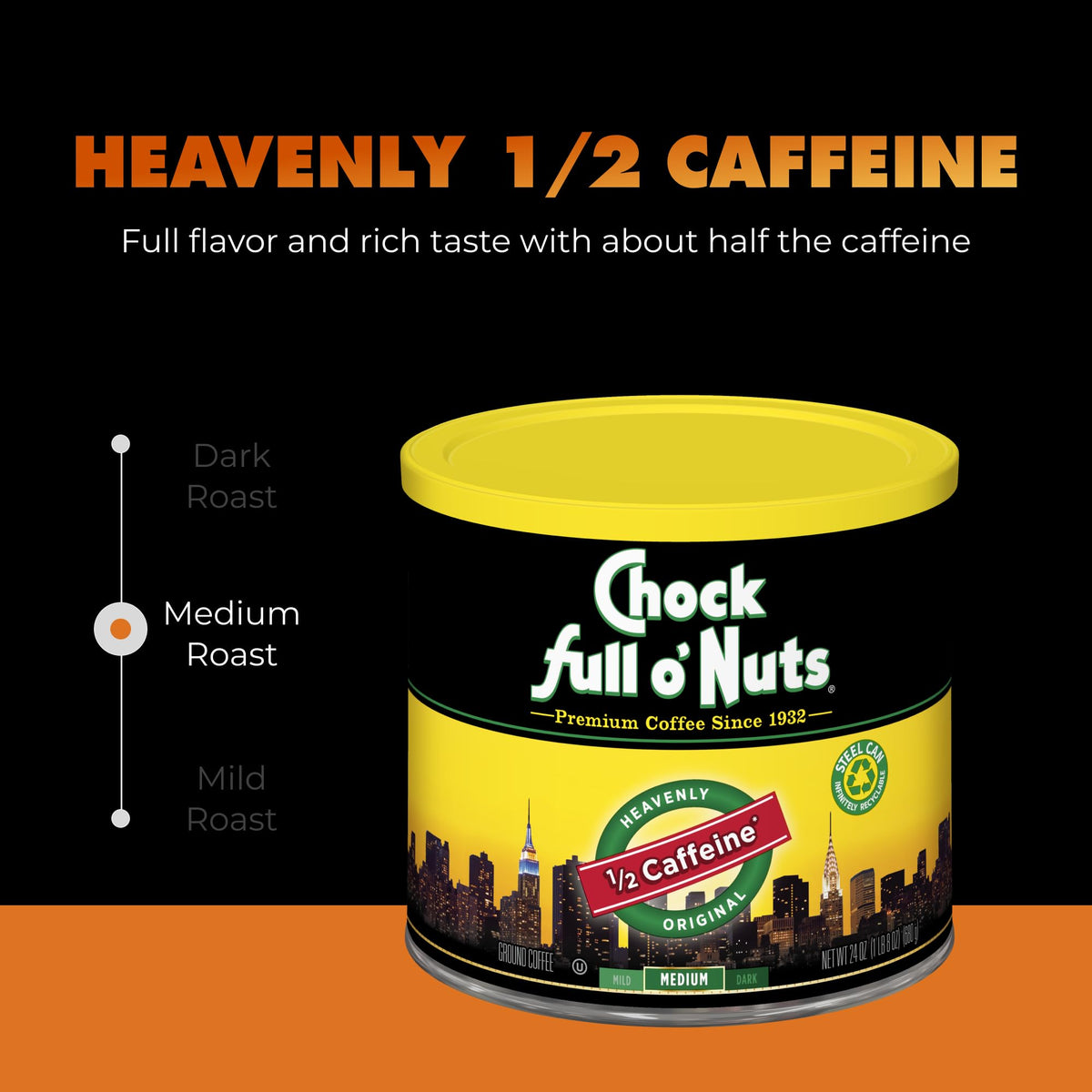 Chock Full o' Nuts Ground Coffee - Heavenly Original Half Caffeine, 24 oz