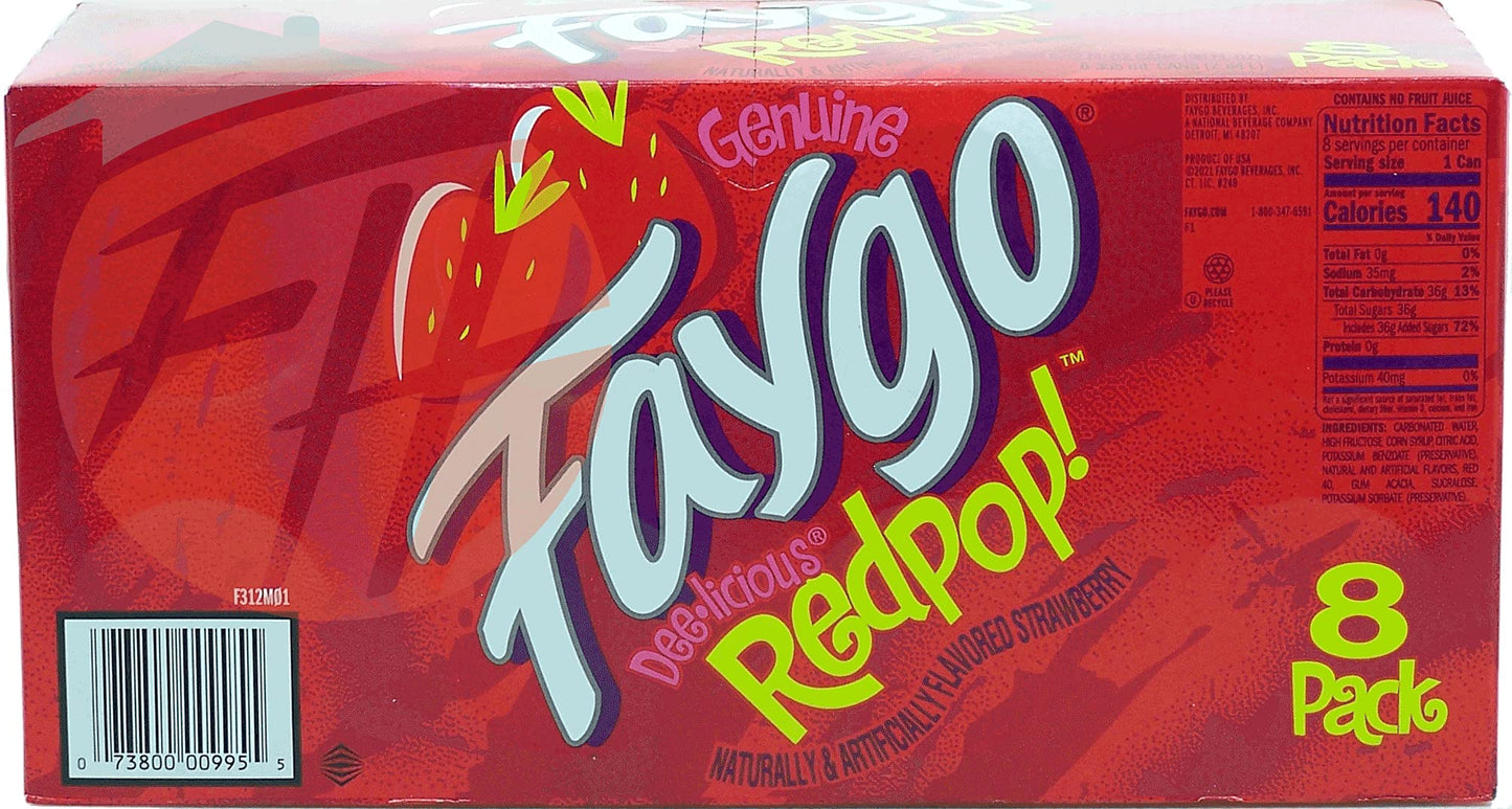 Faygo Redpop! strawberry flavored soda pop. 8-pack 12-fl. oz. cans in box (1)