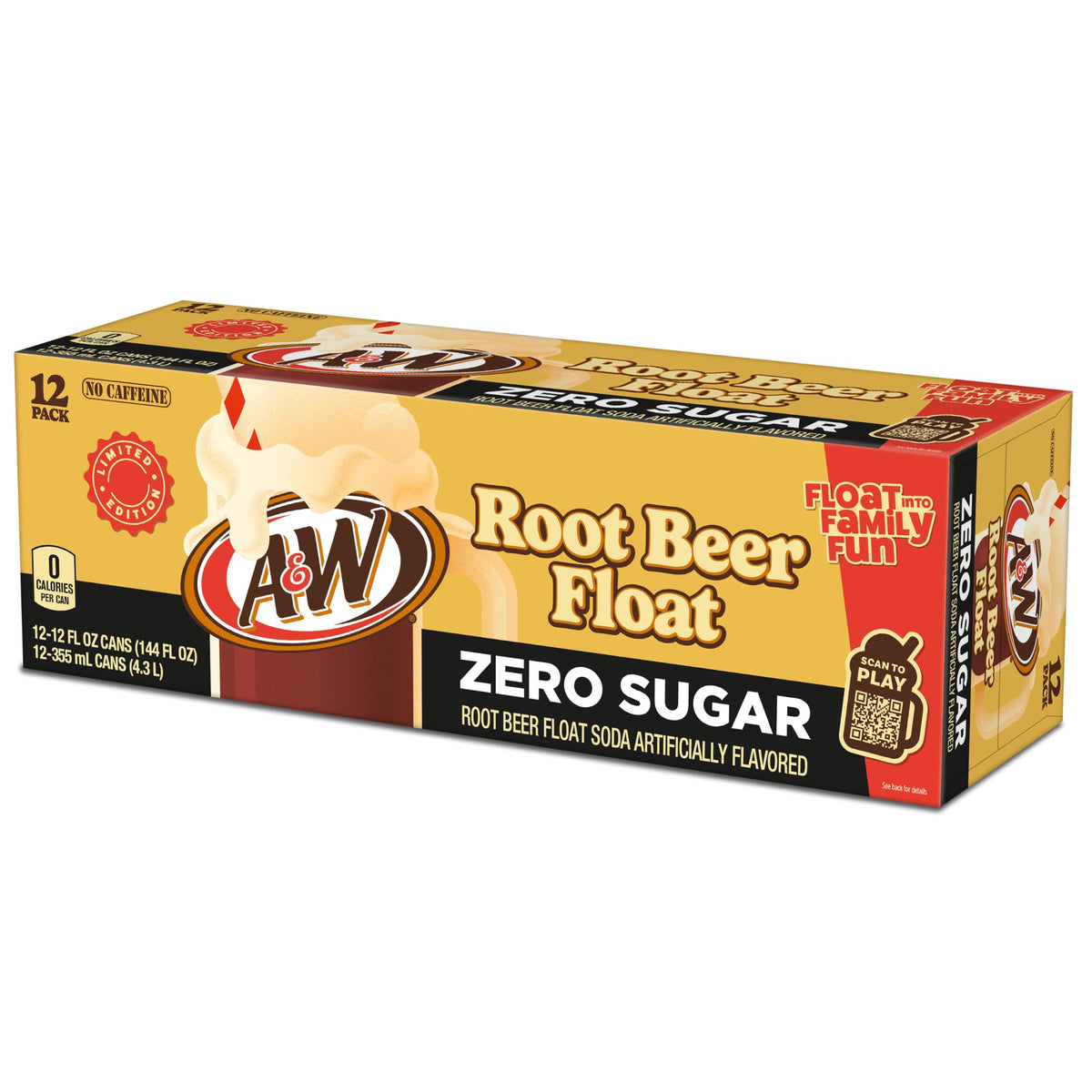 A&W Root Beer Float Zero Sugar Soda, 12 fl oz cans, 12 pack