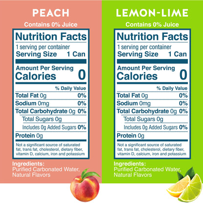 Waterloo Sparkling Water Two Flavor Pack, Zero Calories/Sugar/Artificial Sweeteners/Sodium, Lemon-Lime/Peach, 192 Fl Oz, Pack of 16