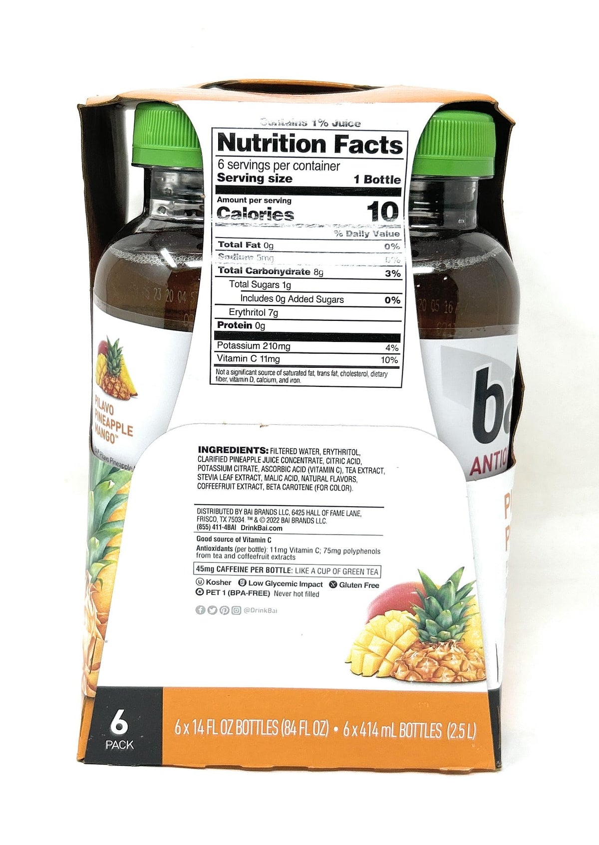 Bai Antioxidant Infusion Vitamin C Flavored Water - Pilavo Pineapple Mango 14oz - 6 bottles