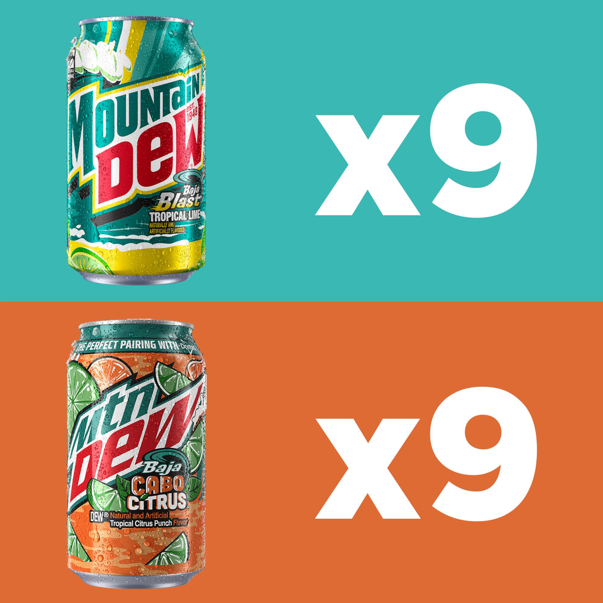 Mountain Dew, 2 Flavor Baja Variety Pack (Baja Cabo Citrus, Baja Blast), 12 Fl Oz Cans (Pack of 18)