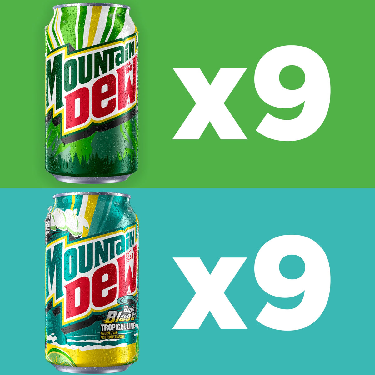 Mountain Dew Soda, 2 Flavor Baja Blast Variety Pack (Baja Blast, Original Dew), 12 Fl Oz Cans (Pack of 18)