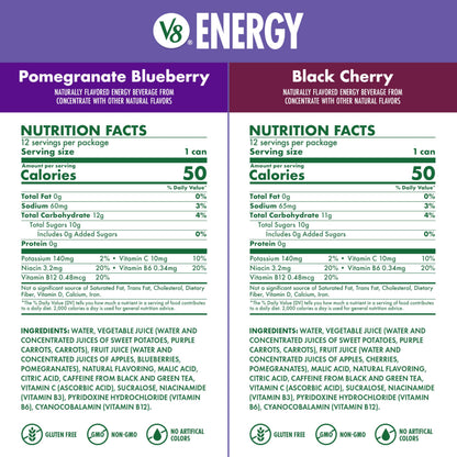V8 Energy Black Cherry and Pomegranate Blueberry Energy Drinks, 8 fl oz Can (24 Pack)