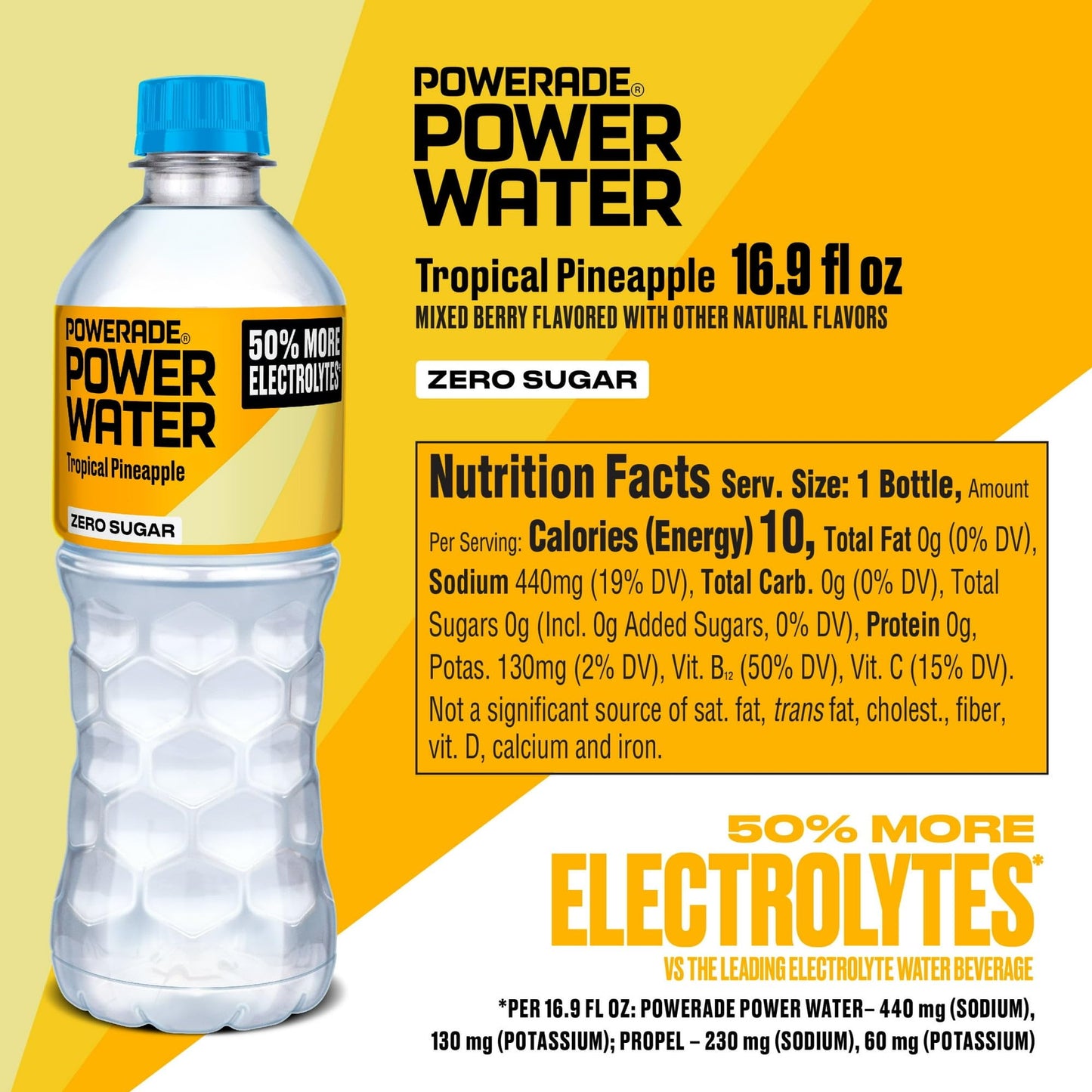 Powerade Power Water Zero Sugar Tropical Pineapple, 16.9 oz Bottles, 24 pack