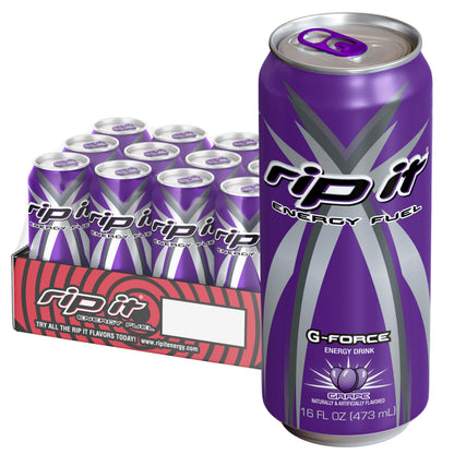 Rip It Energy Drink | G-Force | Grape Flavor | 12-Pack (16oz Cans) | 160mg Caffeine | Smooth Finish | Ignite Focus | Hardcore Energy That Rips!