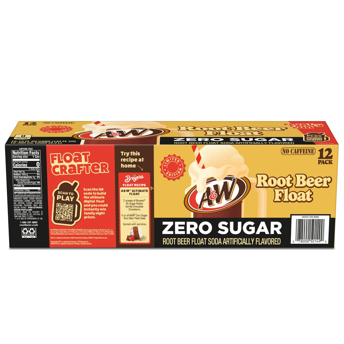 A&W Root Beer Float Zero Sugar Soda, 12 fl oz cans, 12 pack