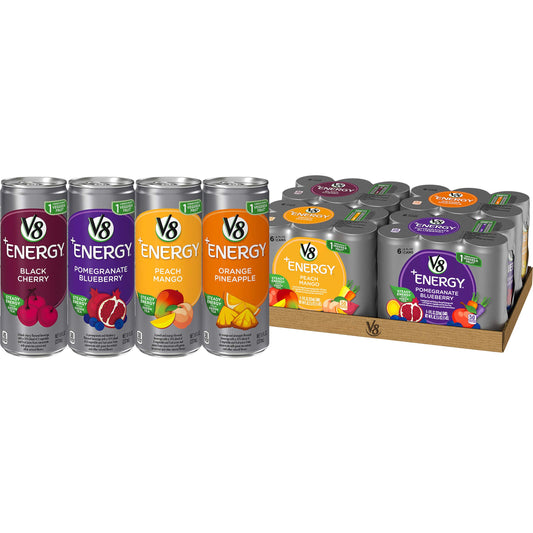 V8 +Energy Variety Pack, Pomegranate Blueberry, Orange Pineapple, Peach Mango, Black Cherry,8 Fl Oz (Pack of 24)