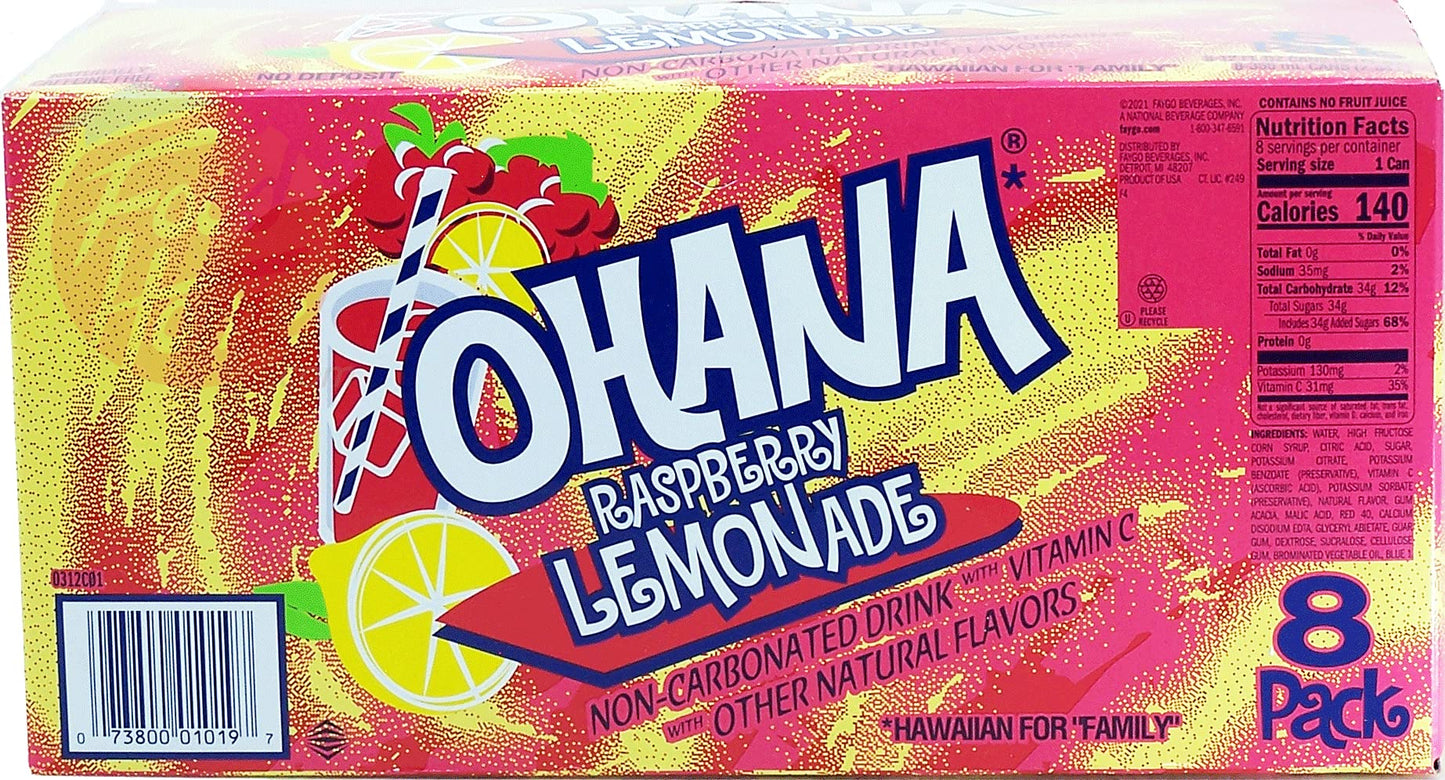 Ohana! raspberry lemonade, non-carbonated, caffeine free, 12-fluid ounce cans, 8-pack in box (1)