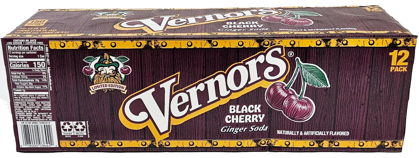 Vernors ginger ale (soda) Black Cherry flavored soda pop, 12-fluid ounce cans, 12-count fridge pack