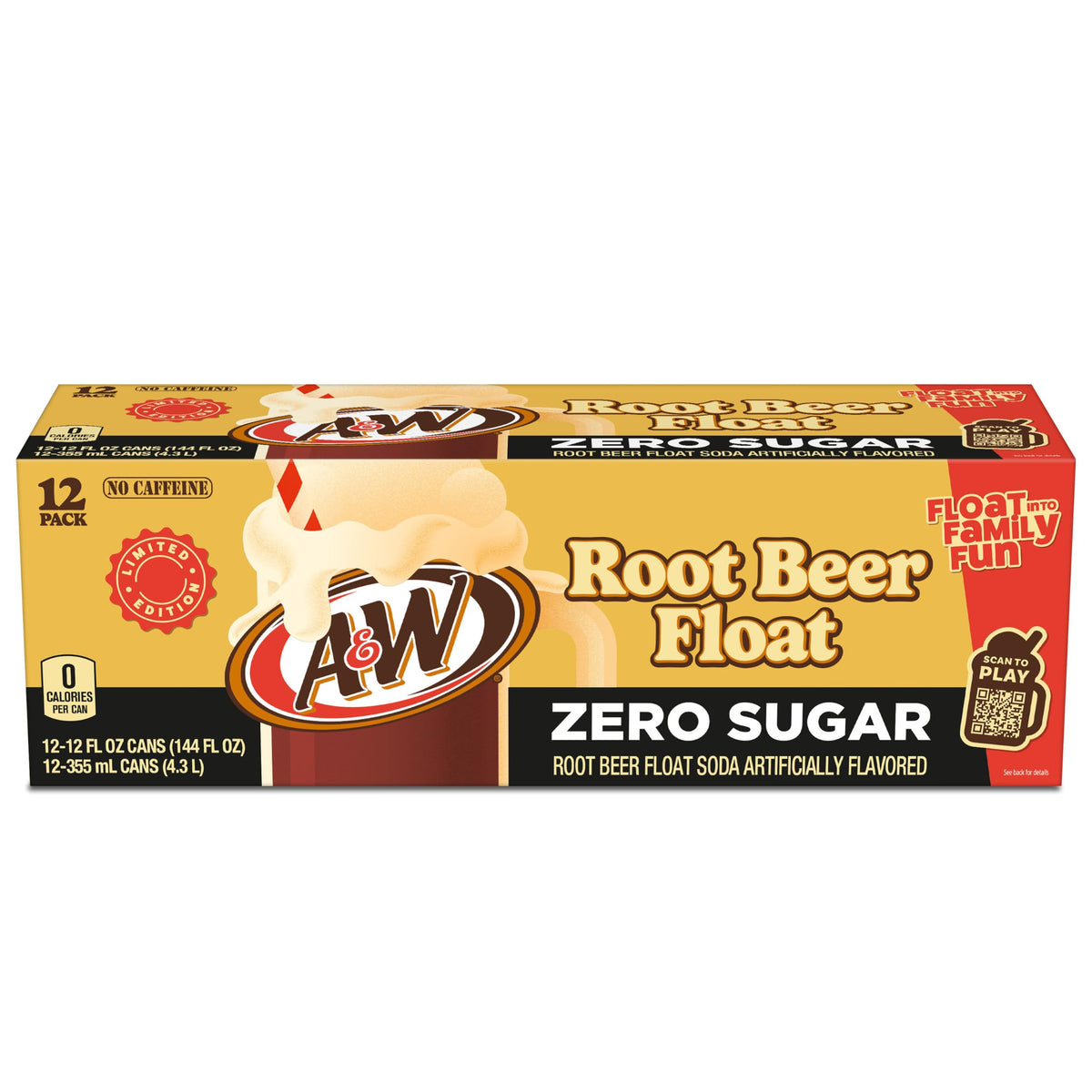 A&W Root Beer Float Zero Sugar Soda, 12 fl oz cans, 12 pack