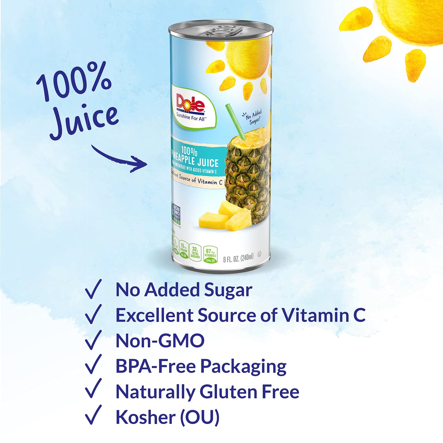 Dole 100% Pineapple Juice, 8.0 Fl Oz, Pack of 24
