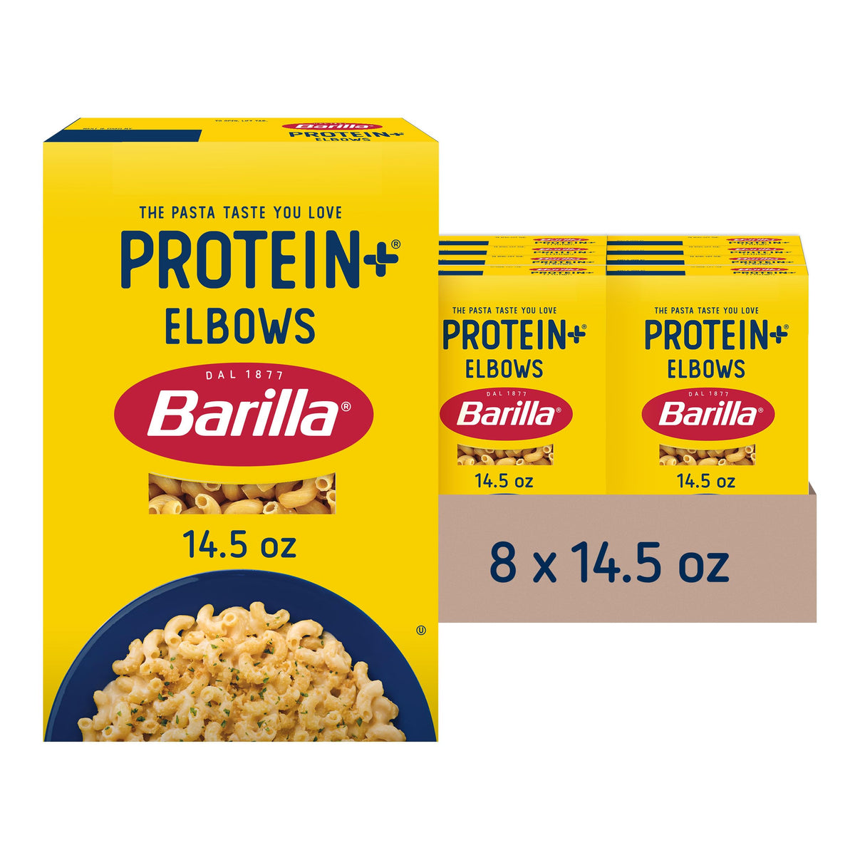 BARILLA Protein+ (Plus) Elbows Pasta, 14.5 Ounce (Pack of 8) - plant based pasta - Made from Lentils, Chickpeas & Peas - Non-GMO, Kosher Certified and Vegan