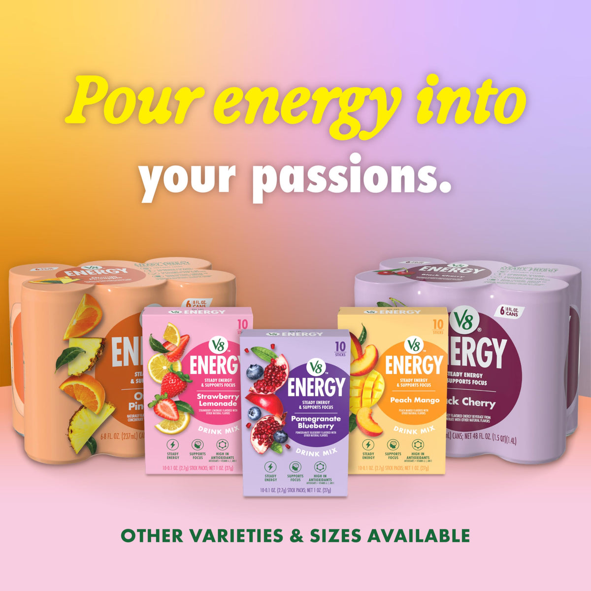 V8 Energy Black Cherry and Pomegranate Blueberry Energy Drinks, 8 fl oz Can (24 Pack)