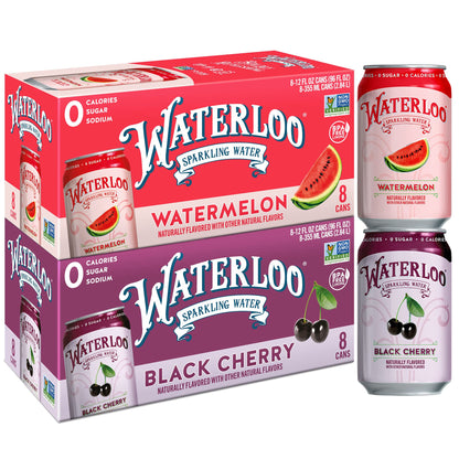 Waterloo Sparkling Water Two-Flavor Pack, 12 Fl Oz Cans, Pack of 16, 8 x Black Cherry, 8 x Watermelon | Zero Calories | Zero Sugar or Artificial Sweeteners | Zero Sodium