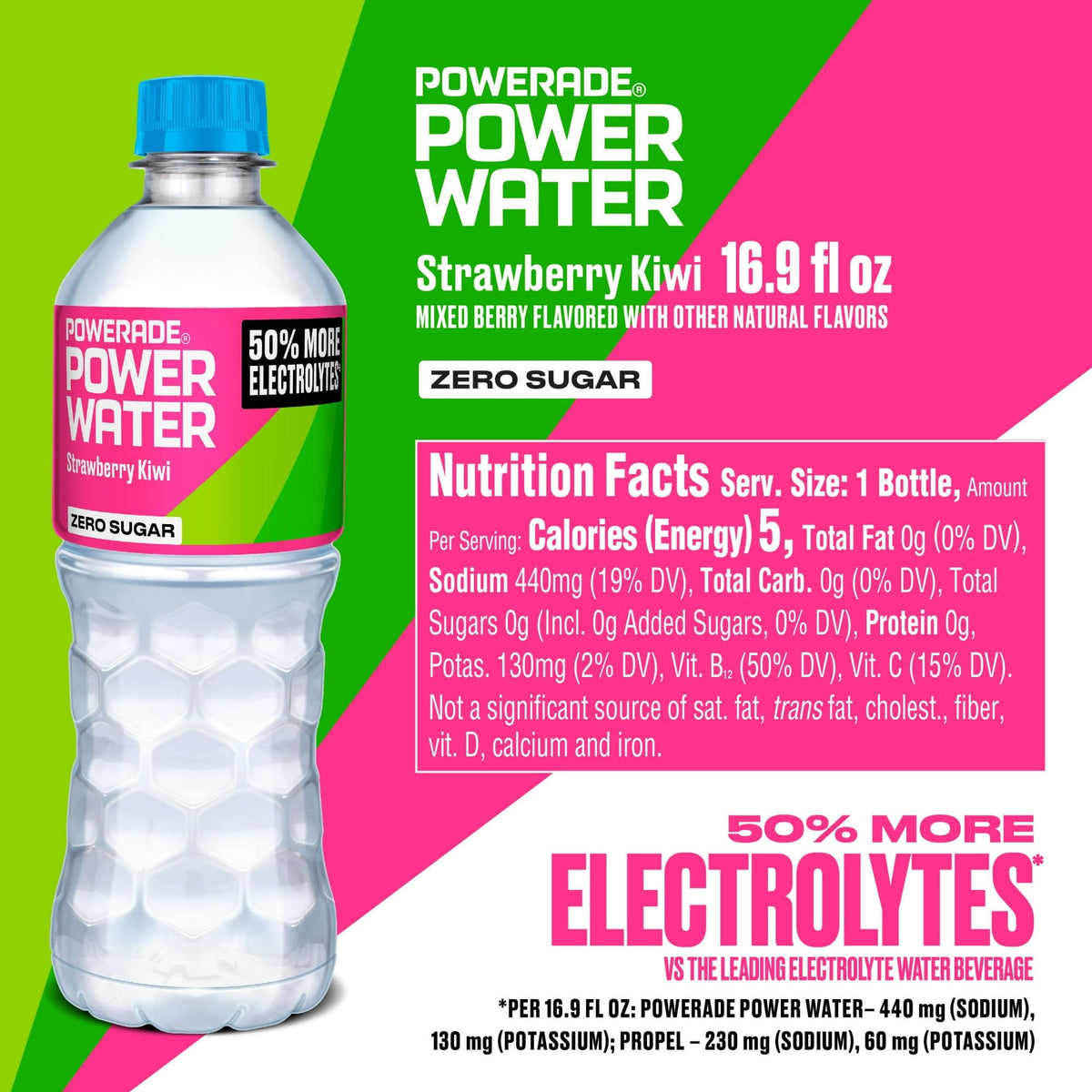 Powerade Power Water Zero Sugar, Strawberry Kiwi, 16.9 oz Bottles, 24 Pack