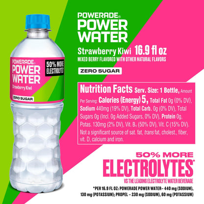Powerade Power Water Zero Sugar, Strawberry Kiwi, 16.9 oz Bottles, 24 Pack