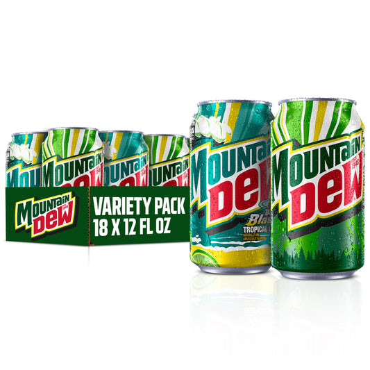 Mountain Dew Soda, 2 Flavor Baja Blast Variety Pack (Baja Blast, Original Dew), 12 Fl Oz Cans (Pack of 18)