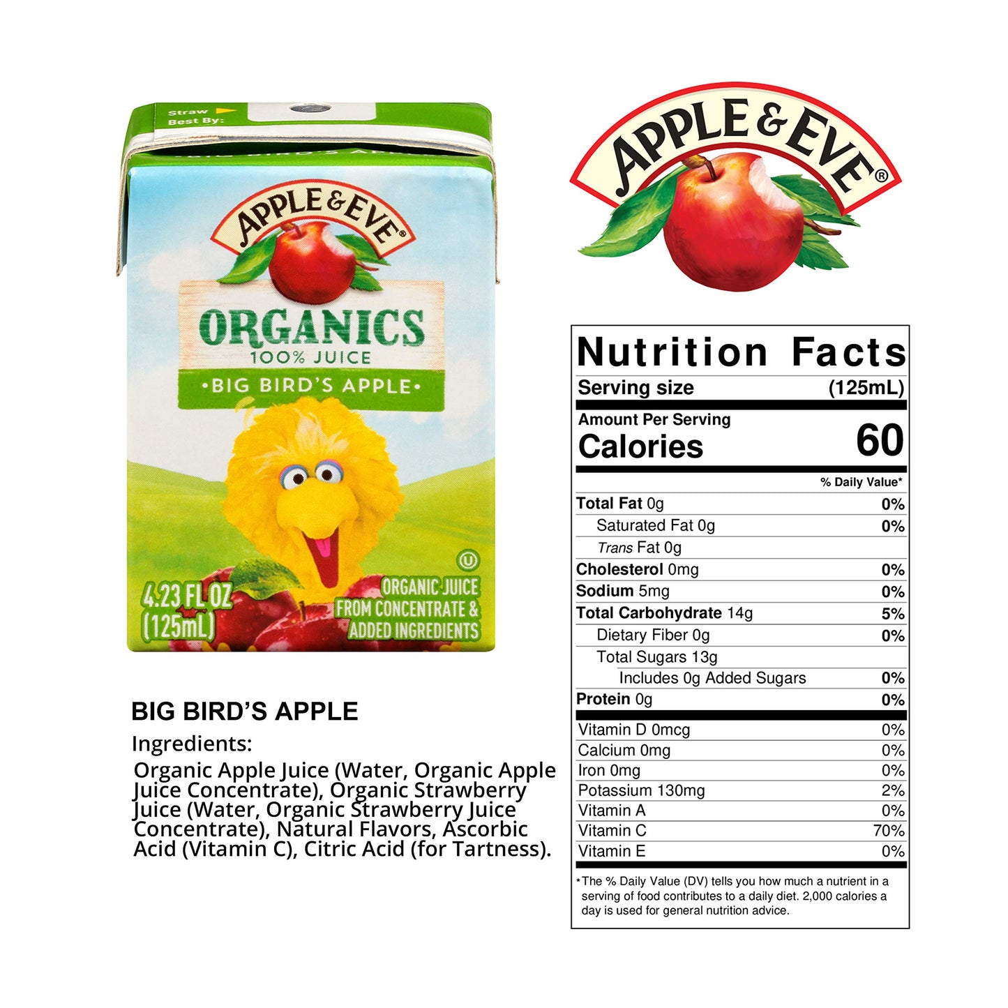 Apple & Eve Sesame Street Organics, Big Bird's Apple Juice, 4.23 Fluid oz, 40 count