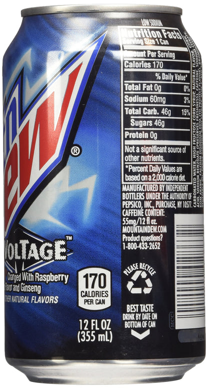 Mountain Dew Voltage Raspberry Ginseng Citrus Soda, 12 Ounce (12 Cans)