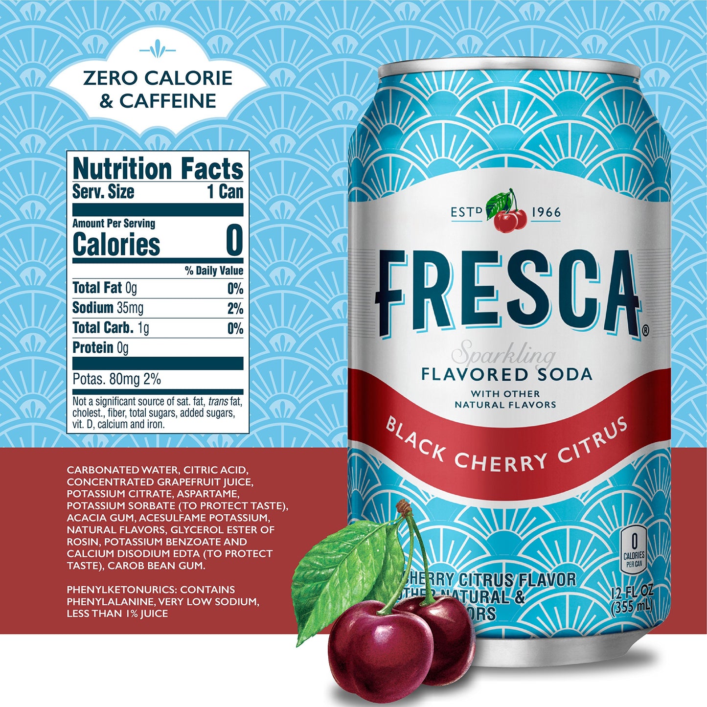Fresca Black Cherry Soda Sparkling Flavored Soft Drink Zero Calorie and Sugar Free, 12 fl oz, 12 Pack